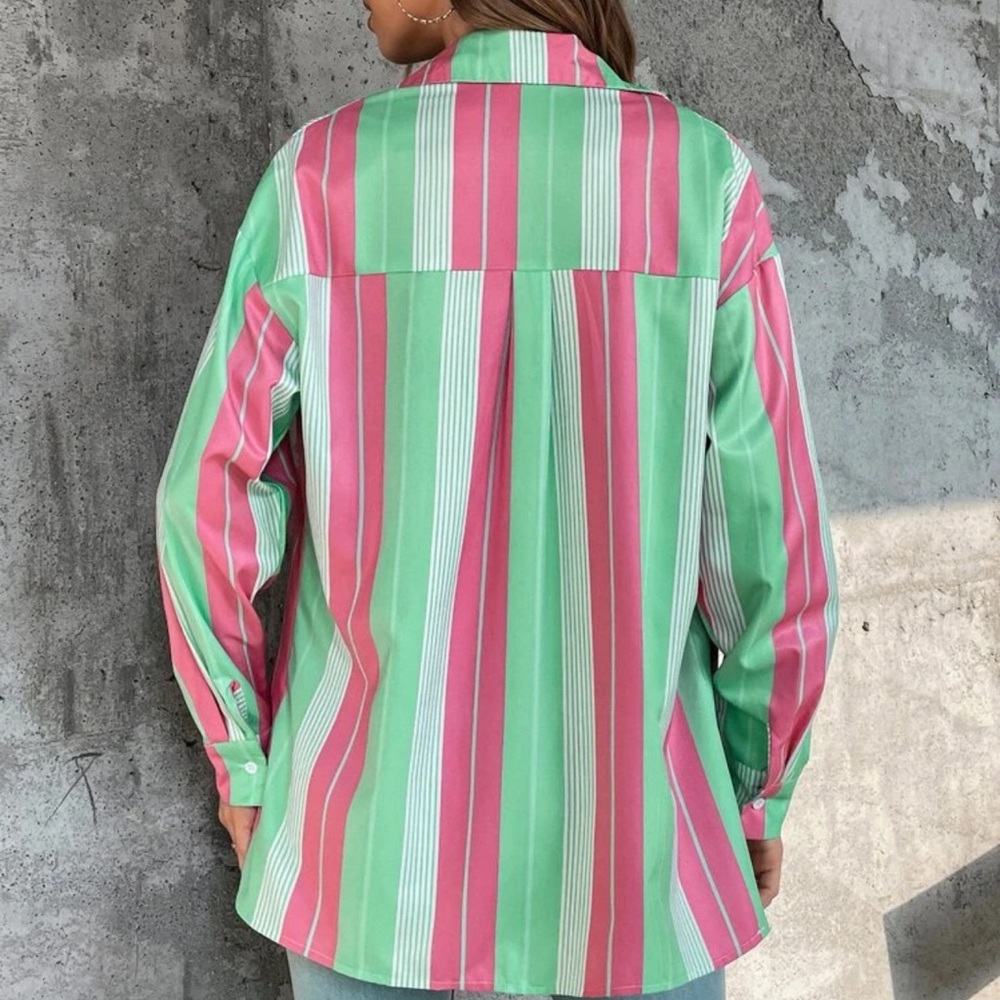 Oversized-Striped Drop Shoulder Button Up Blouse - image 4